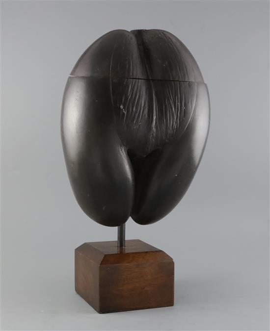 A coco-de-mer nut, with hinged top and hardwood display stand, H.19in.
